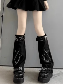 Y2K Cross Chain Leather Strap Leg Garter For Women, Edgy Punk Rock Style, With 1 Pair Strap Accessories - Black - View 2