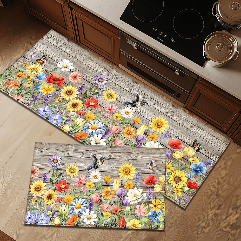 1 pieza Elegante alfombra estampada con patrón floral y de colibrí, tapete de lana sintética - Altamente absorbente, fácil de limpiar, adecuado para decoración del hogar, estilo rústico, entrada, interior, habitación, cocina, comedor, oficina pequeña/oficina en casa, fregadero, lavandería, felpudo, alfombrilla de cocina, antideslizante