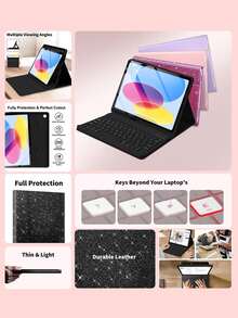 Black Glitter Keyboard Protective Case, Compatible With Samsung Galaxy Tab And IPad, Redmi Pad SE, With Detachable Wireless Bluetooth Keyboard And Apple Pencil Holder (Apple Pencil Not Included), Ultra-Thin Lightweight Stand Protective Case, IPad Protective Case - Black Glitter - View 2