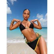 Black And Jamaica Flag Bikini Set - Women's Halter Swimsuit With Wrap Skirt - Colorful Two Piece Bathing Suit - Tropical Summer Beachwear - 多色883 - 查看 3