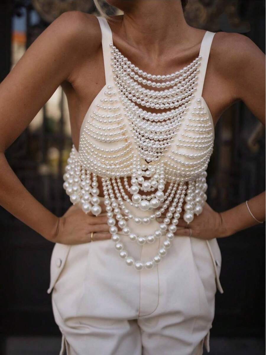 ZHENGHEN Beaded Vest In Street Style, Tassel Design Luxury Body Chain, Suitable For Women, Festival Party Rave Accessories - White - View 1