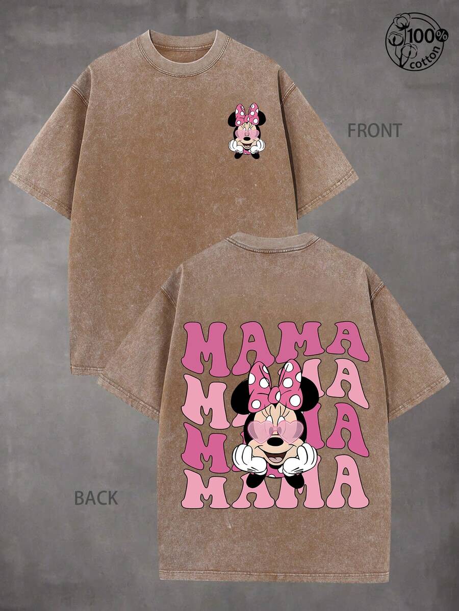 Disney Authorized | Retro Minnie Mouse Mommy T-Shirt -100% Cotton Washed Unisex Short Sleeve Casual Shirt-Machine Washable-Perfect Summer Birthday Gift For Fans-Daily Comfort-Classic Print Durable. - Màu Khaki - Xem 1