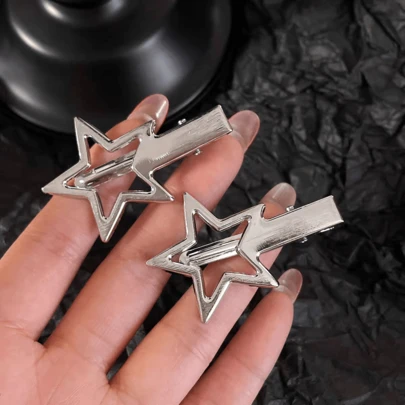 2pcs Y2K Star Hair Clips - Cute Silver Snap Clips For Women, Star Shaped Hair Accessories, Ideal For Emo, Grunge, Punk