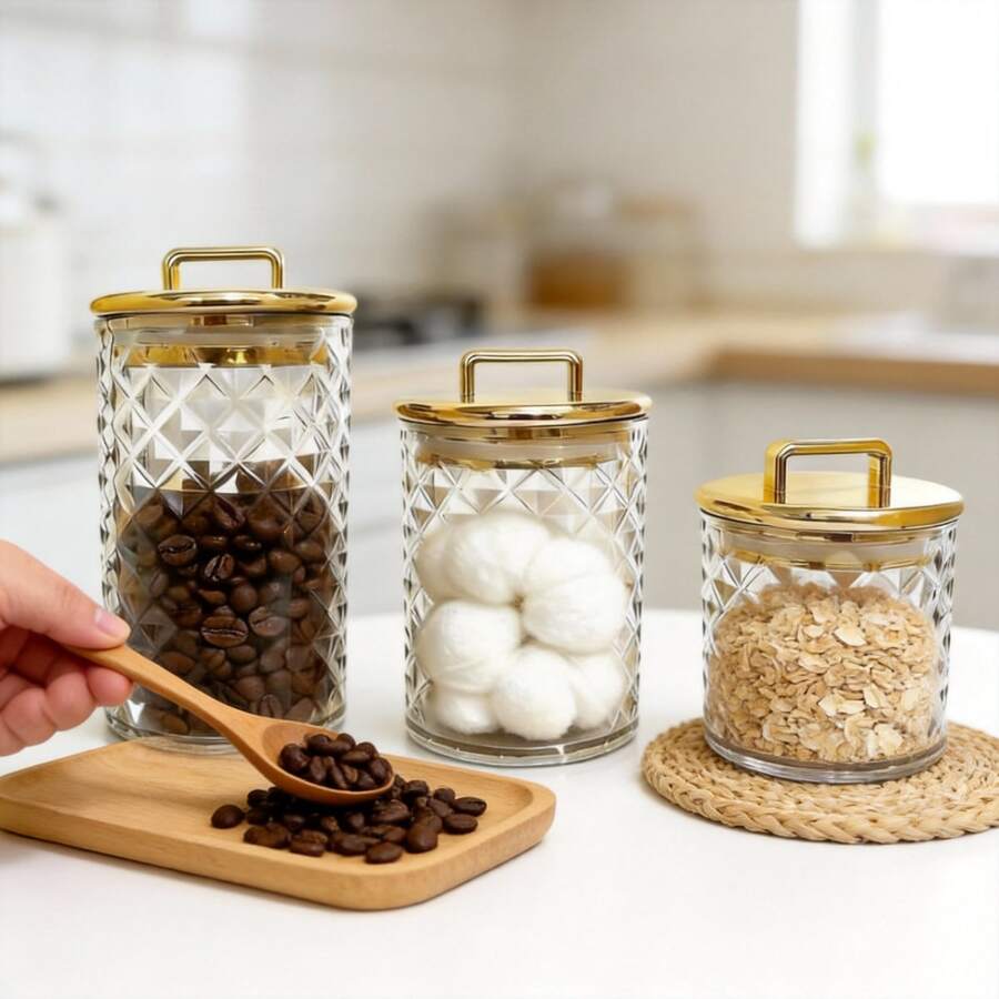 3-Pack Clear Glass Storage Jars With Gold Lids | Airtight Containers For Bathroom, Vanity & Kitchen | Decorative Candy Jar, Bath Bomb Holder, Cotton Ball & Q-Tip Organizer | Elegant Organization For Any Room - Perfect Mother's Day, Wedding & Housewarming Gift Set - Transparent - View 1