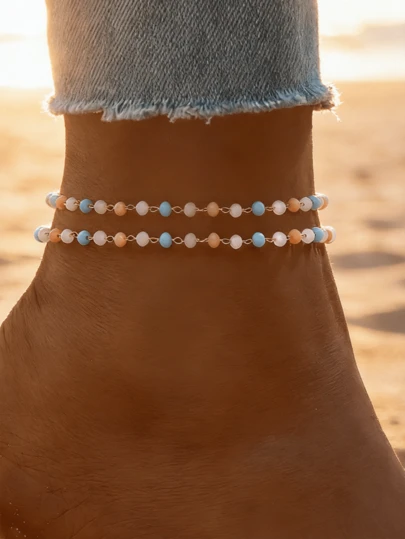 2pcs Fashion Dopamine Color Crystal Beaded Anklets, Suitable For Daily Wear, Beach, Vacation, Valentine's Day, Friend's Birthday, Holiday Gift