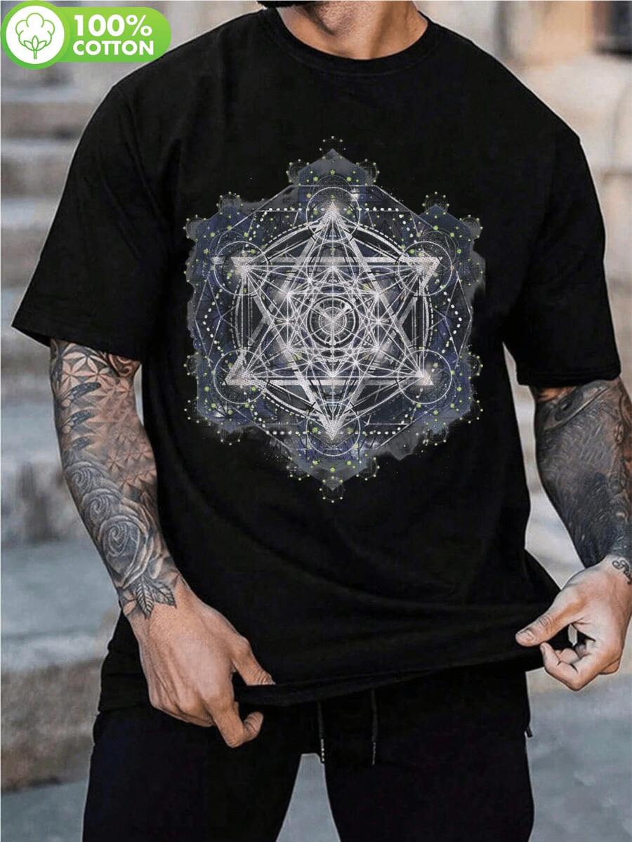 Camiseta de Geometría Sagrada para Hombre con Estampado del Cubo de Metatrón - 100% Algodón 180gsm Ajuste Cómodo Cuello Redondo Manga Corta, Yoga Espiritual y Ropa Casual para Senderismo Actividades al Aire Libre, Lavable a Máquina para Todas las Estaciones Buen Regalo de Halloween, Unisex, Conjunto para Padres e Hijos - Negro - Ver 1