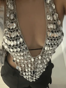 DEKUNER Áo croptop đính đá lấp lánh, áo bralette cổ chữ V sâu, thích hợp cho các bữa tiệc táo bạo ở câu lạc bộ, lễ hội âm nhạc, quà tặng sinh nhật. - Trắng trong suốt - Xem 4