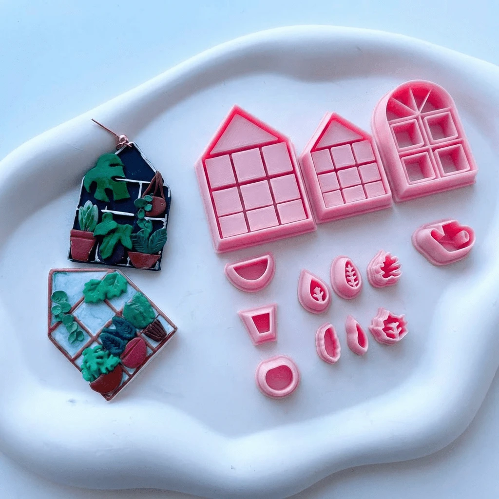 1/10/13Pcs Greenhouse & Mini Plant Polymer Clay Cutters, Pastel Pink House & Succulent Shapes, Craft Tools For DIY Earrings Boho Jewelry Plant Lover Gifts - Pink - View 1