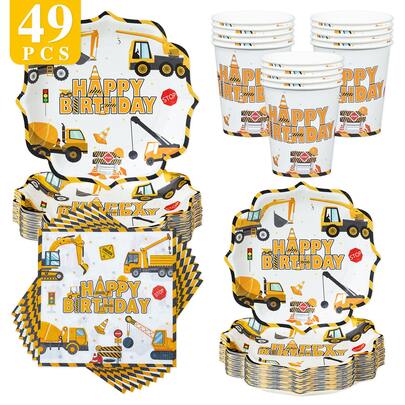 Excavator Happy Birthday Square Petal Shaped Disposable Plates, Napkins, Cups, One-Time Party Supplies Set, Suitable For 8 Guests, Disposable Paper Plates Party Tableware Suitable For Birthday, Wedding, Theme Party, Family Picnic