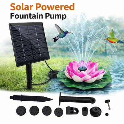1.5瓦太阳能喷泉泵，太阳能鸟浴喷泉，带地插，升级版盆栽太阳能板和多喷嘴，适用于户外花园、池塘、游泳池、露台