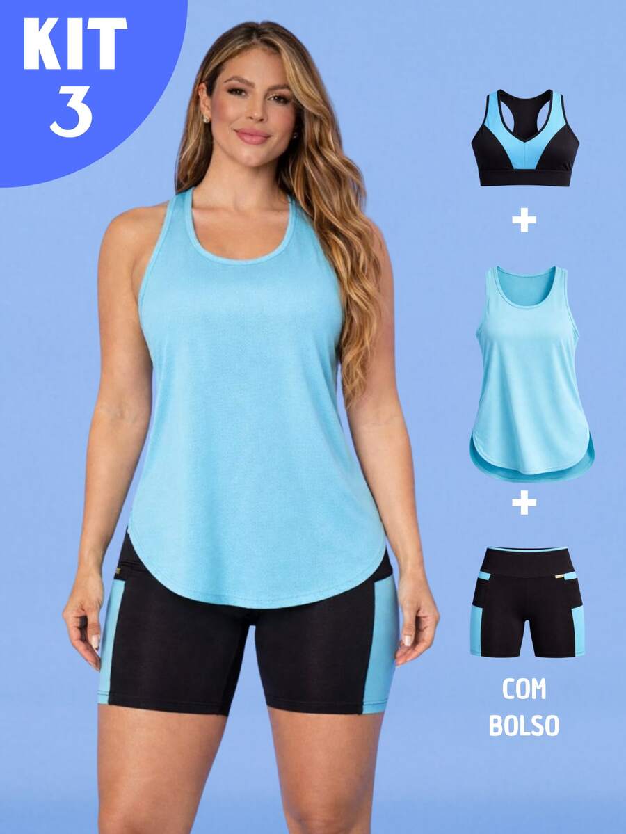 Kit Of 3: Women's Fitness Set - Top, Shorts, Pocket Tank Top, Dry Fit, Gym - Tarelles - Màu xanh nhạt - Xem 1