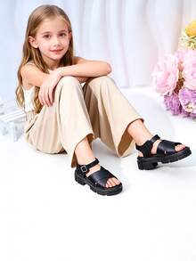 EUR 26-38 Sizes Toddler Kids Girls Black PU Leather Chunky Platform Sandals, Cross Strap Design With Adjustable Ankle Buckle, Soft Padded Insole & Non-Slip Rubber Sole, Fashionable Casual Shoes For Daily Wear, School, Playdates & Outdoor Activities - Black - View 8