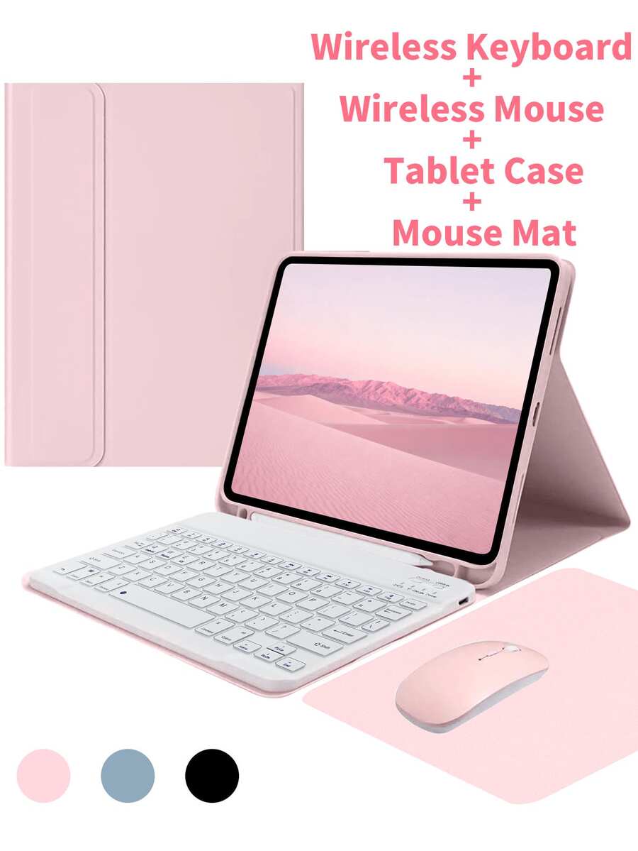 Funda protectora de teclado 4 en 1, compatible con Samsung Galaxy Tab, iPad, Redmi Pad SE, incluye teclado inalámbrico Bluetooth desmontable (150mAh) y ratón, funda protectora para tableta con ranura para bolígrafo - Multicolor - Ver 1