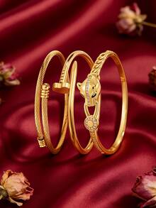 3 piezas - Juego de pulsera de bronce chapado en oro + pulsera de acero inoxidable, con un diseño texturizado brillante, versátil para uso diario, favorecedor para todos los tonos de piel, y un hermoso regalo para el Día de San Valentín. - Oro 2 - Ver 6