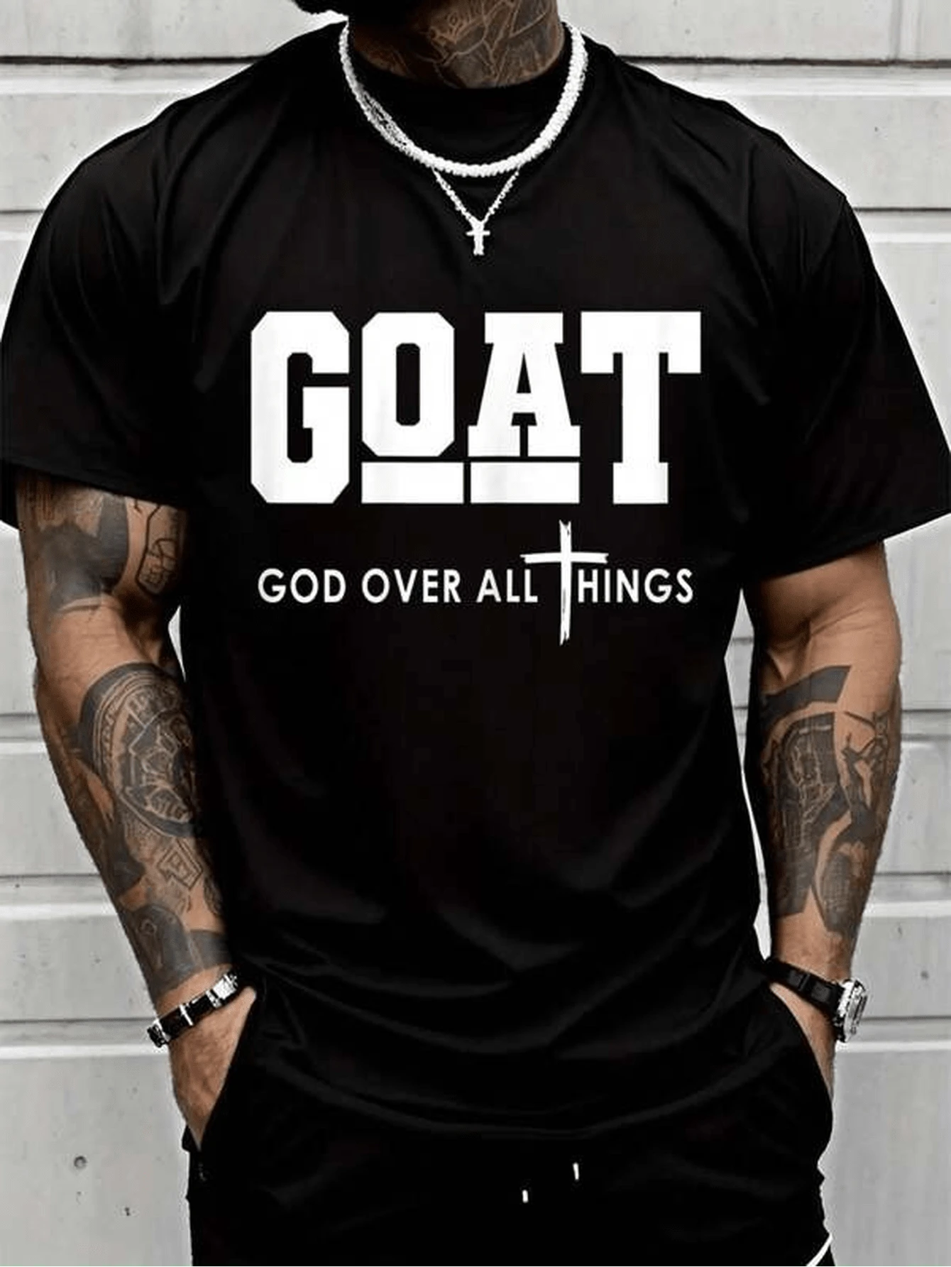 Cotton Goat God Over All Things Funny Jesus Christian Printed T-Shirt, Short-Sleeved Crew Neck Casual Top, Suitable For All Seasons, Men's