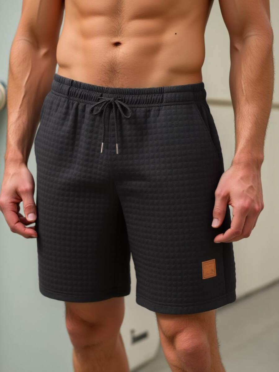 Men's Black Plaid Shorts With Elastic Drawstring Waist And Leather Patch, Casual Summer Home & Street Wear - Black - View 1