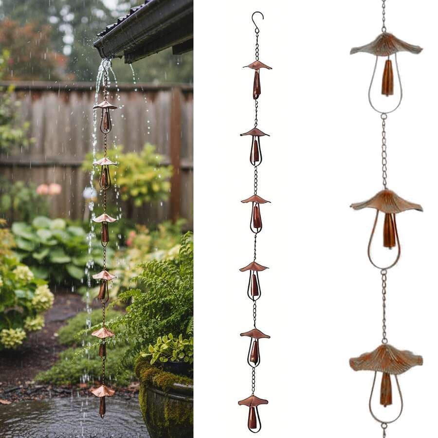 Metal Rain Chain For Outside Adjustable Rain Catcher Chain With Bell For Gutters Outside Eaves Drainage Downspout, For Divert Water And Home Display - 蘑菇雨鏈 - 查看 1