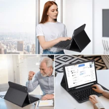 四合一键盘保护套，兼容三星 Galaxy Tab 和 iPad、Redm iPad SE，包含可拆卸无线蓝牙键盘（150mAh）和鼠标，平板电脑保护套带笔槽（黑色） - 黑色 - 查看 6
