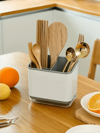 1 pieza Caja escurridor de cubiertos minimalista gris y blanco, caja de drenaje a prueba de humedad, de plástico con bandeja de drenaje para mantener los utensilios secos, apta para palillos, cucharas, tenedores, diseño blanco moderno con tapa transparente, solución de almacenamiento de cocina | Suministros de cocina modernos | Estructura de plástico, escurridor de cubiertos y palillos multifuncional, se puede montar en la pared o colocar de forma independiente, estante escurridor, posición de reposo para cuchillo, tenedor, cuchara y palillos, diseño de varios compartimentos para vajilla, caja de almacenamiento de cubiertos del baño sin taladro, suministros de cocina