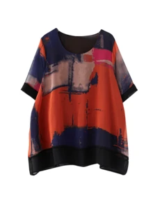 Abstract Print Round Neck Women's Short Sleeve Top - Asymmetric Hem Casual Style - Suitable For Spring/Summer - Fashionable Women's Clothing - Suitable For Daily Outings And Parties - Red - View 11