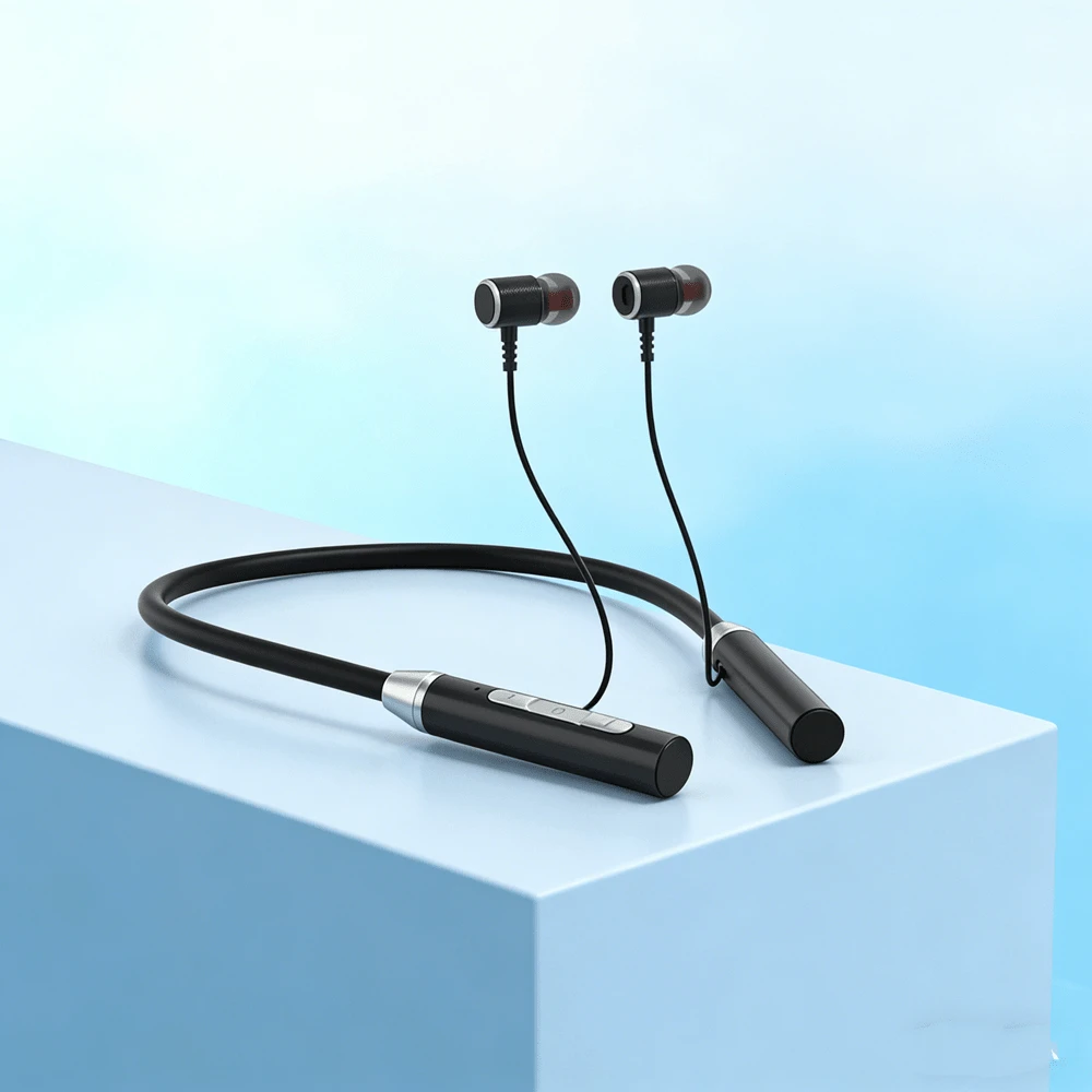 无线蓝牙耳机 5.3 颈挂式耳机，硅胶高保真立体声运动耳机，磁吸式防水耳塞 - 黑色 - 查看 1