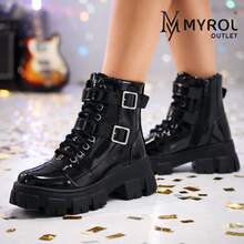 Rock Life Blogger Combat Boot With Two Buckles And Tractor Sole Myrol Outlet - 黑色清漆 - 查看 1