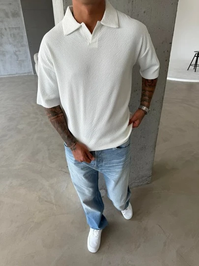 Men's Textured Knit Short Sleeve Polo Shirt, Turndown Collar Half-Placket, Solid Color Draping, Casual Summer New Style