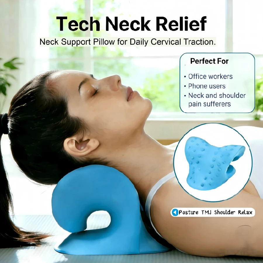 Estiramiento de cuello, corrector de joroba, relajador de cuello y hombros, dispositivo de tracción cervical tipo almohada para relajar los músculos y aliviar el dolor de la articulación temporomandibular (azul) - Azul - Ver 1