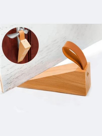 1pc Wooden Door Wedge With Non-Slip Base And Handle, Durable Wooden Non-Slip Door Stopper With Leather Hanging Rope, Suitable For Preventing Door Wind And Door Collision, Designed To Be Placed Under The Door, Modern Home Decor, Provides Protection For The Door.