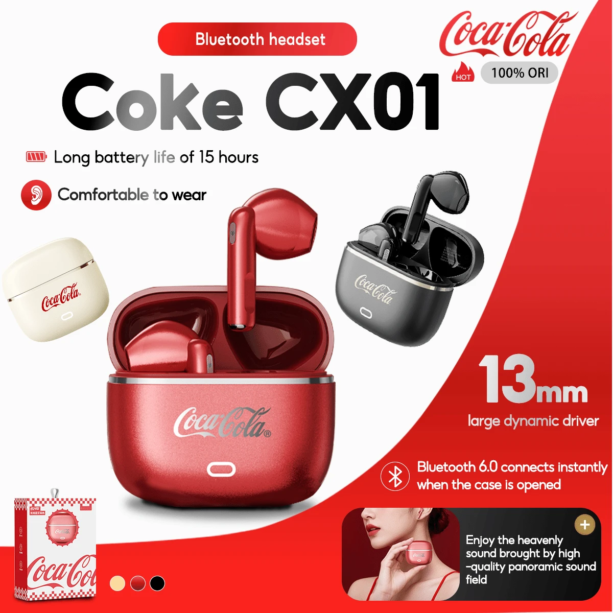 Coca Cola 可口可乐 CX01 入耳式蓝牙耳机，支持 6.0 环绕立体声和麦克风 - 均碼 - 查看 1