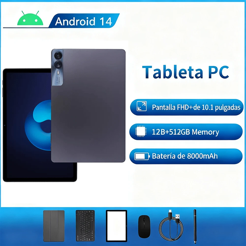 BOSSNEY Tableta, pantalla FHD de 10,1 pulgadas, Android 14,12 GB de RAM, 512 GB de ROM, batería de 8000 mAh, cámaras de 13 MP + 5 MP, WiFi 5G / 2.4 G, viene con teclado, mouse, lápiz óptico y funda protectora. - Dorado - Ver 1