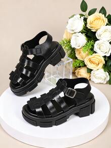 EUR 26-38 Sizes Girls Black Fisherman Sandals, Braided Straps Design With Adjustable Ankle Buckle, Platform Chunky Rubber Sole, Soft Padded Insole For Comfortable Wear, Perfect For Daily Play, School, Street Style & Summer Outings - Black - View 1