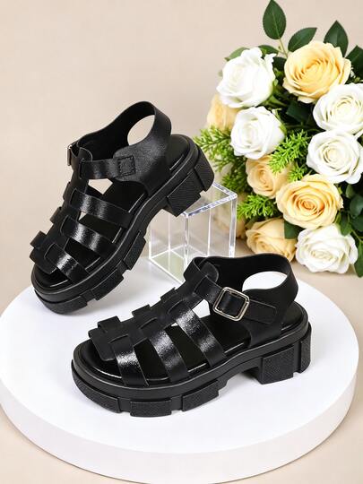 EUR 26-38 Sizes Girls Black Fisherman Sandals, Braided Straps Design With Adjustable Ankle Buckle, Platform Chunky Rubber Sole, Soft Padded Insole For Comfortable Wear, Perfect For Daily Play, School, Street Style & Summer Outings