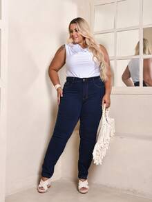Women's Plus Size Straight Leg Jeans, Comfortable, High Waist, Basic Casual Style - Màu xanh hải quân - Xem 5