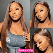 Chocolate Brown Straight Lace Front Wigs Human Hair 200% Density 13x4 HD Transparent Lace Straight Frontal Wigs Human Blended Hair For Women Pre Plucked With Baby Hair 4# 34 Inch - S4 - View 6