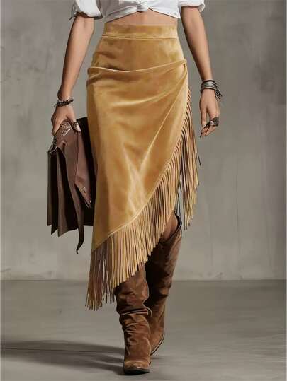 New Vintage Western Style Fringed Asymmetrical Zipper Closure Solid Color Casual Skirt For Women Spring