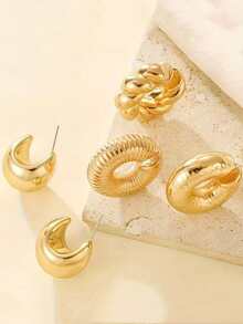 5pcs Exaggerated Earring Set, European And American Hip-Hop Style Thick Cylinder Hollow Ear Clips, Gold-Plated Earrings For Non-Pierced Ears - 5-piece Set - View 4