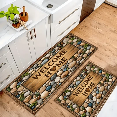 1 قطعة ديكور منزلي، بساط مطبوع بنمط الترحيب والحجر، بساط صوفي اصطناعي - عالي الامتصاص، سهل التنظيف، مناسب لديكور المنزل، المزرعة، المدخل، الداخلي، الغرفة، المطبخ، غرفة الطعام، المكتب المنزلي الصغير، البالوعة، غرفة الغسيل، بساط الباب، بساط المطبخ، بساط مضاد للانزلاق