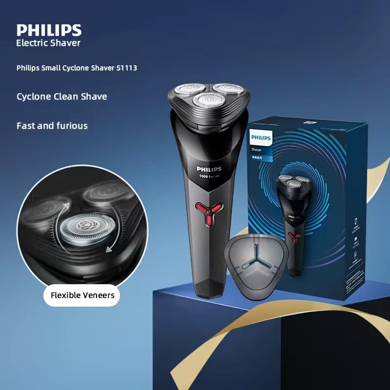Afeitadora eléctrica Philips S1113/02 Serie 1000 con cabezales flotantes 3D, cuchillas PowerCut, resistente al agua IPX7, 30 minutos de autonomía, carga USB, afeitado rotativo en seco y húmedo, ideal como regalo, para viajes o uso diario