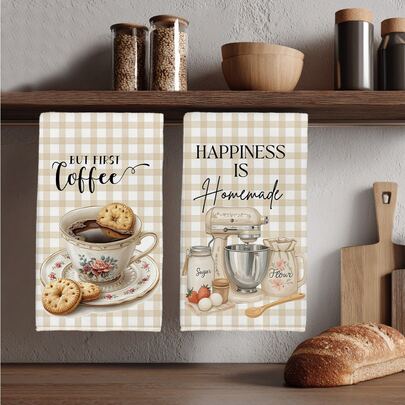 2pcs Minimalist Daily Cafe-Style Kitchen Towels, Soft Polyester Material Dish Cloths, Suitable For Kitchen Decor, Cleaning, Holiday Party Decoration, Kitchen & Bathroom Essentials, Home Decor, Housewarming Gift