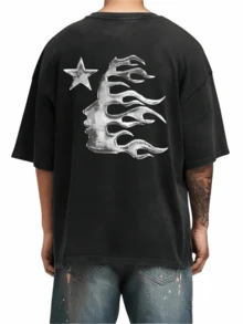 Men's Printed Pattern Washed T-Shirt - Casual Loose Summer T-Shirt With Star And Flame Design, 100% Pure Cotton Round Neck Shirt, Breathable T-Shirt| Avant-Garde Casual Wear| 100% Pure Cotton Printed T-Shirt - 黑色 - 查看 2
