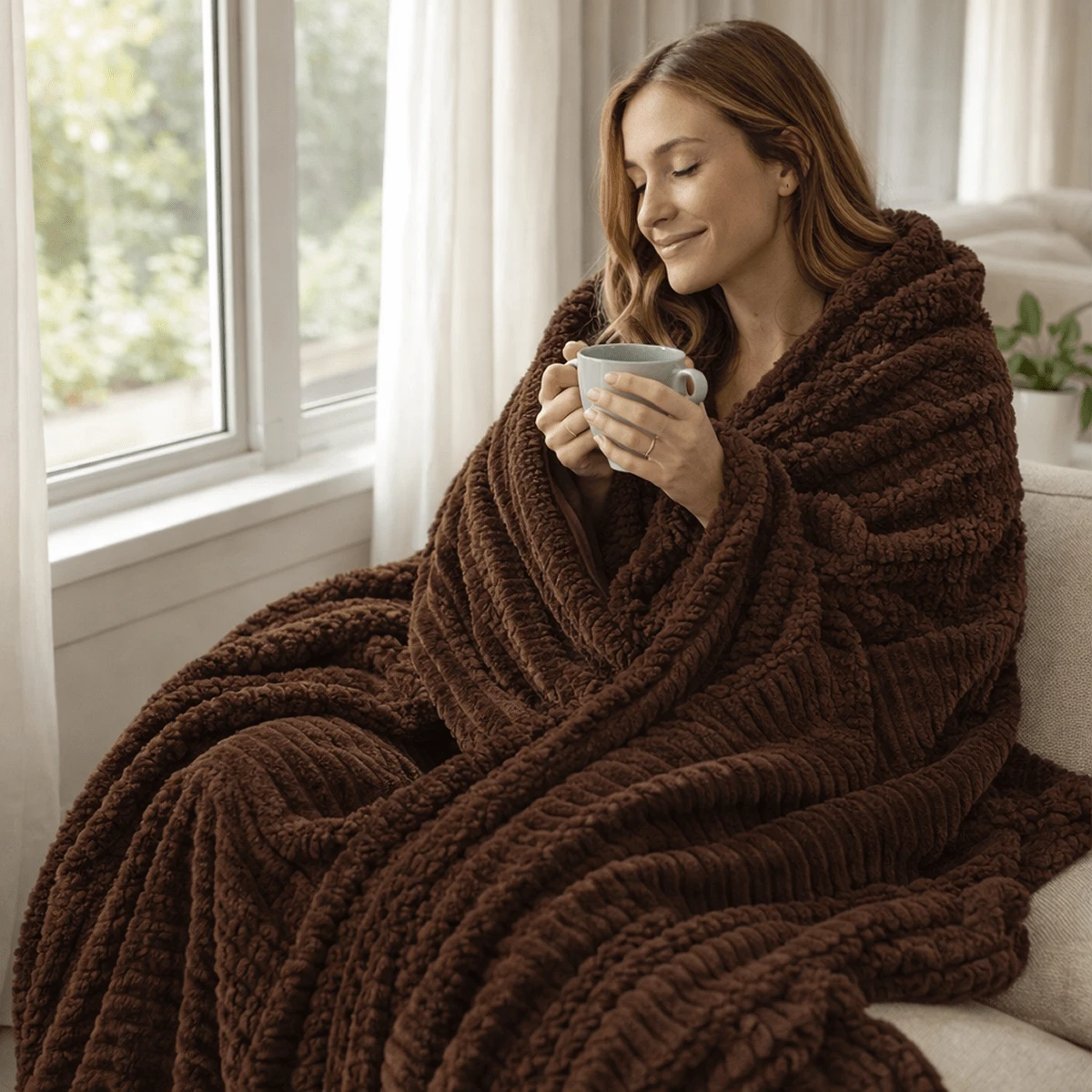 Ultra Soft Blue Plush Blanket For Comfort And Warmness, For Sofa And Bed, Luster Ribbed, Casa Dona - Rỉ Nâu - Xem 1