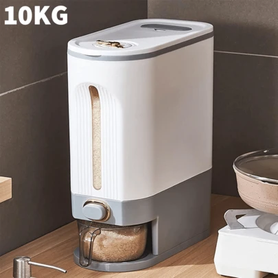Rice Dispenser With Measuring Cup, 10kg Large Capacity Grain Storage Container, Airtight Cereal Dispenser With Button Control, Clear Window, Perfect For Kitchen, Beans, Oats And More,Suitable For Kitchens, Restaurants, Dormitories, Offices, Etc.