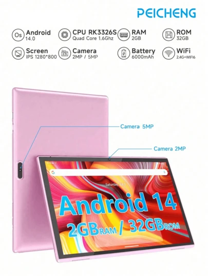 Pincity ZB10 10.1 Inch Android 14 Tablet, RK3326S Quad-Core 1.6GHz Processor/2GB RAM 32GB Storage/2.4G WiFi + WiFi 6/Bluetooth 5.2/FHD IPS Touchscreen/2MP + 5MP Dual Cameras/Type-C/Gravity Sensor/6000mAh Battery/Support 1TB SD Card Expansion (Adapter Not Included)