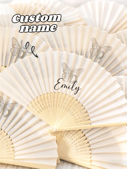 Customized Name/Logo White Wedding Fan, Summer Pattern Design, Personalized Name/Initials, Suitable As Wedding Gift, Party Favor, Decoration, Anniversary Gift, And Business Gift. Classic DIY Fan, Personalized, Fashionable, Exquisite Custom, Unique, Ideal Gift For Her, Boyfriend, Girlfriend, Dad, Family, Mom, Friends, Pets, Son