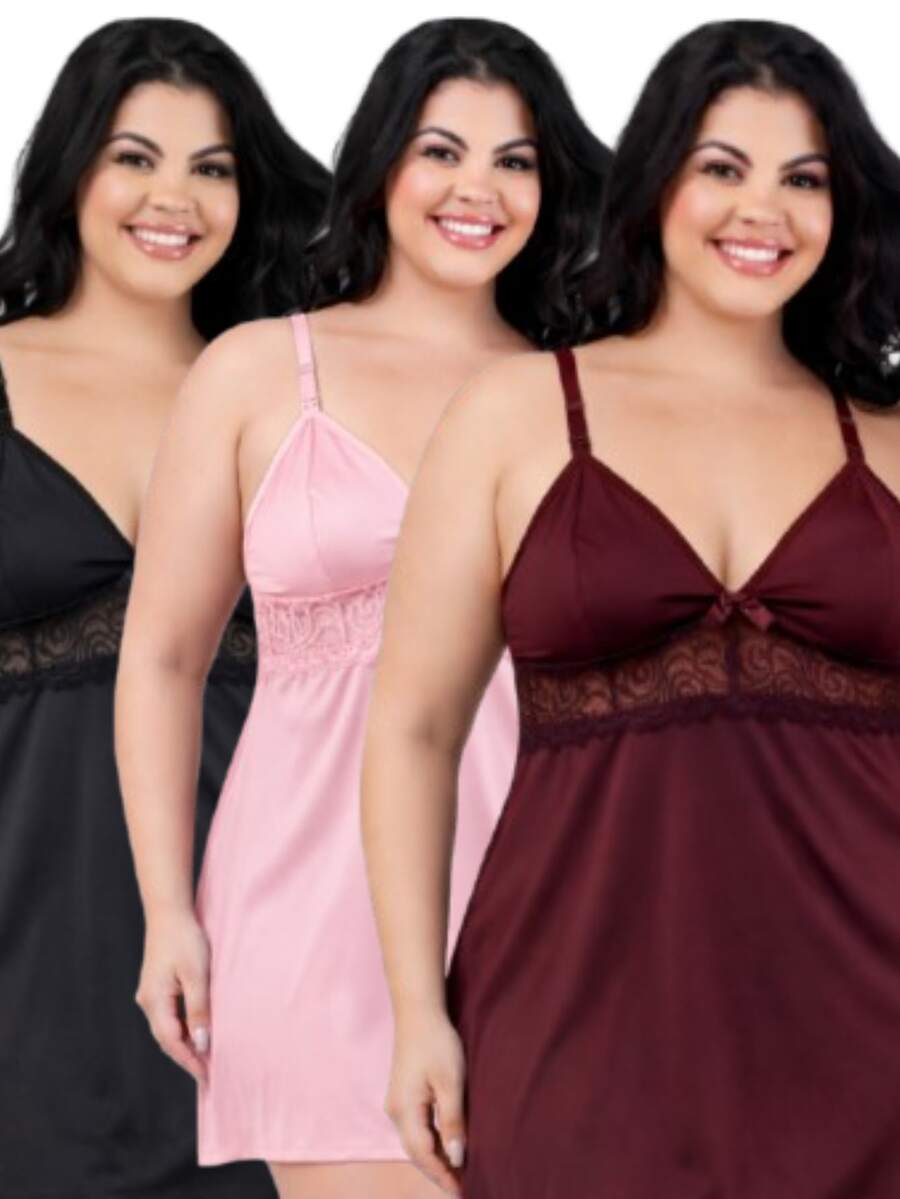 Kit 3 Camisolas Feminina Amamentação Confortável Plus Size Gestante Com Click Maternidade Lactante - Champanhe - Visão 1