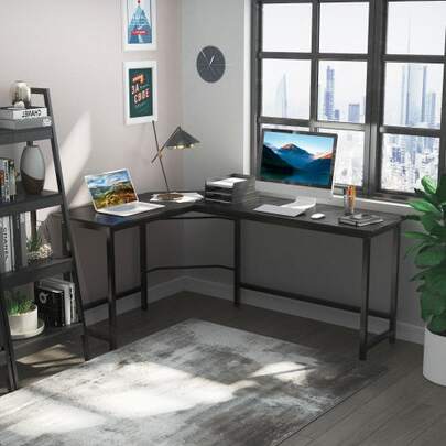 Corner Computer Desk, Adjustable Height, Black Metal Frame, Dimensions: 168 X 120 X 75 Cm, Ideal For Home Offices And Study Rooms.