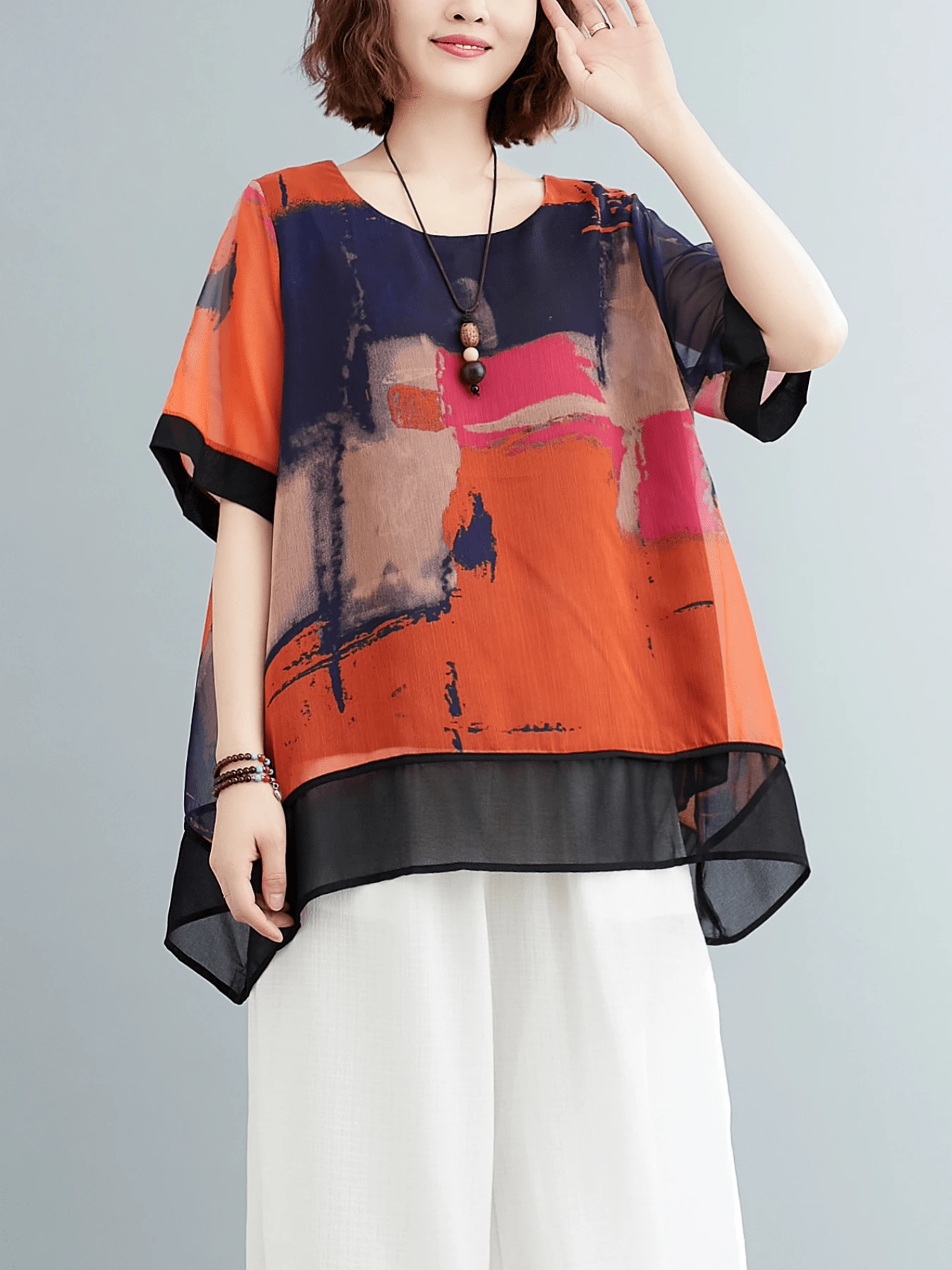 Abstract Print Round Neck Women's Short Sleeve Top - Asymmetric Hem Casual Style - Suitable For Spring/Summer - Fashionable Women's Clothing - Suitable For Daily Outings And Parties