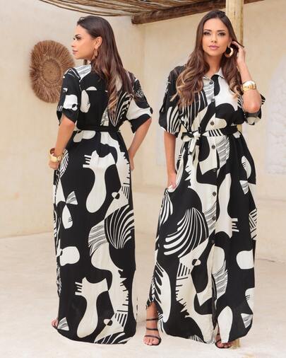 elegante  Conservador / modesto  Festa    Nó  Botões na frente  Botão    Férias    Vestido Longo Chemise Feminino em Viscolinho Estampado com Botões e Fenda