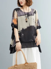 YUXIN 抽象印花圆领衬衫 - 休闲短袖不对称下摆上衣 - 女装 - 休闲外出和派对的完美之选 - 卡其色 - 查看 3